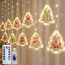 Curtain of bright Christmas lights with 10 miniature Christmas figures.